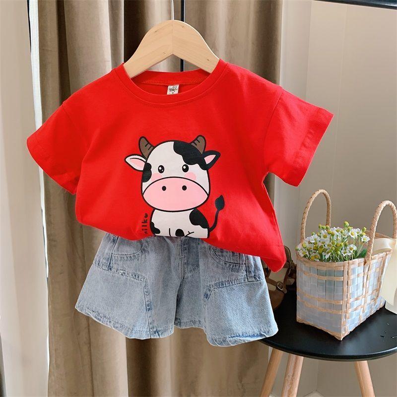 2PCS Children Clothing Set Spring Summer Girls Suits Printing Letter Cattle Short Sleeve Tops + Denim Pants Clothing Set