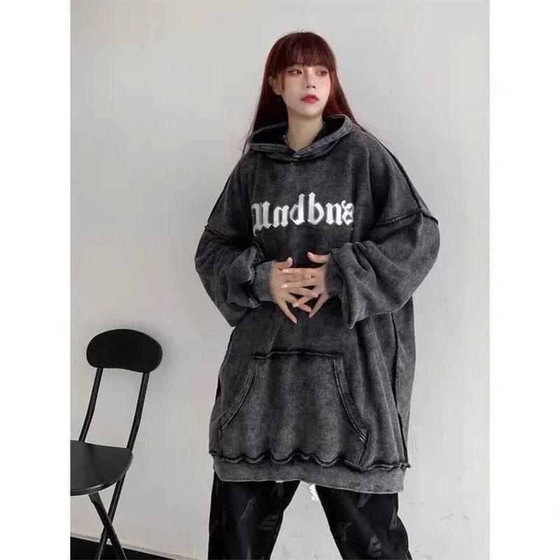 High Street Old Washed Bone Print Hooded Sweater Oversize Couple Sweater Hiphop Retro Casual Loose Long-sleeved Pullover Sweater Man and Women Top