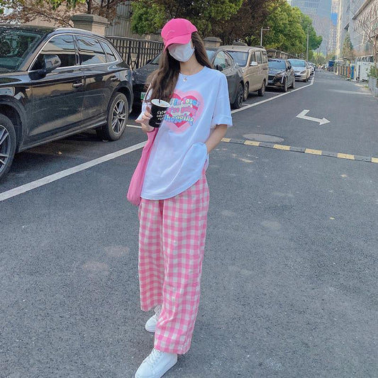 2PCS Summer Korean Version Suit Student Loose Short-sleeved T-shirt Top + Plaid Wide-leg Pants Two-piece Suit Ladies Casual Suit Fitness Sets