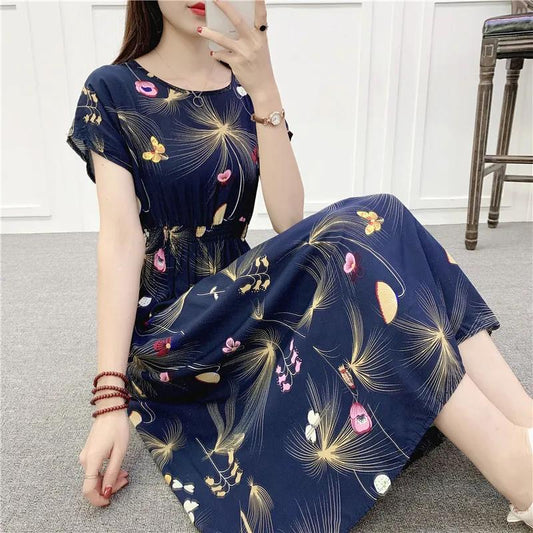 Plus Size Long Dress Casual Comfort Cotton Dresses Daisy Print Short Sleeve Dress Summer