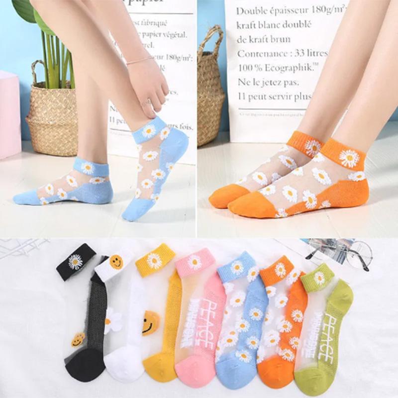 Daisy 5 Pairs of Socks Women's Socks Summer Shallow Mouth Low-top Thin Glass Stockings Summer Transparent Crystal Socks Ins Tide