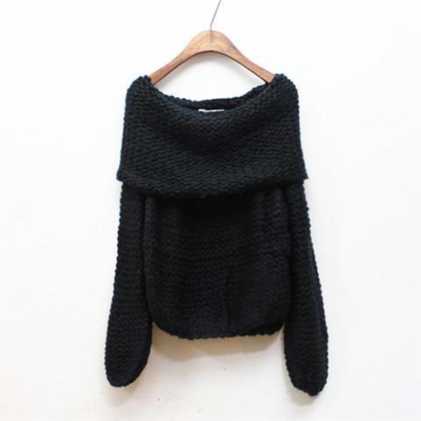 Spring and Autumn Sexy One-shoulder Blouse Lantern Sleeve Thick Wool Sweater Plus Size Pullover Loose Coat