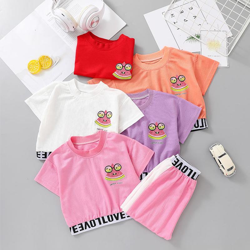 2PCS Children Clothing Set Spring Summer Girls Suits Printing Letter Watermelon Short Sleeve Tops + Pants Clothing Set