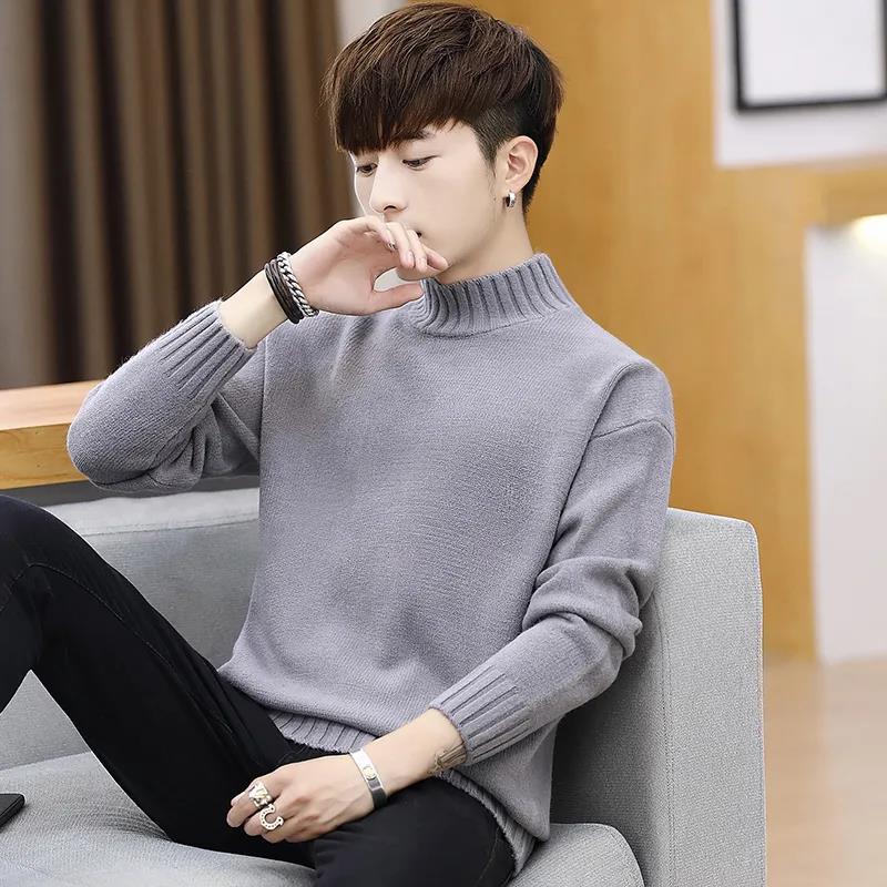 Men's Fall/winter Sweater Fashion Knit Half High Neck Solid Color Slim Bottom Pullover Sweater