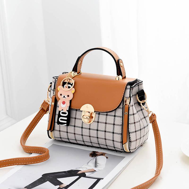 Crossbody Bag Ladies Black PU Leather Waterproof Large Capacity Lattice Bear Handbag Shoulder Bags