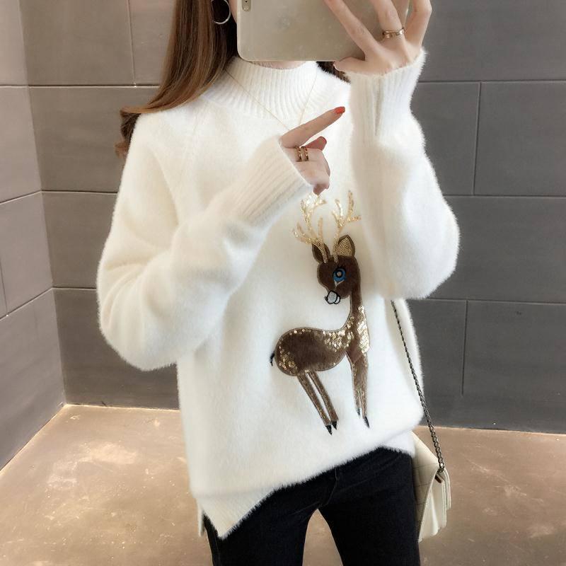 Pofulove Faux Mink Plus Velvet Thick Half Turtleneck Christmas Sweet Pullover Sweater Women Loose Autumn Winter Warm