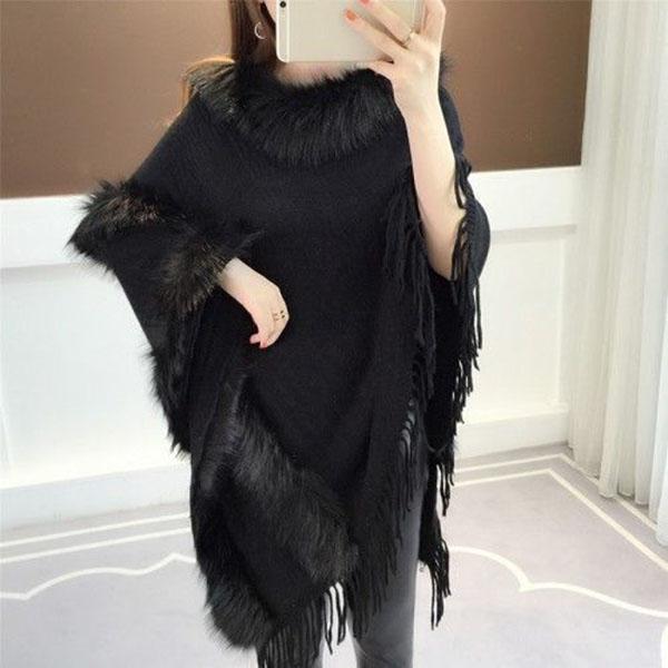 Autumn and Winter Imitation Fox Fur Cloak Shawl Bat Shirt Female Fur Collar Coat Plus Size Tassel Mid-length Sweater Coat