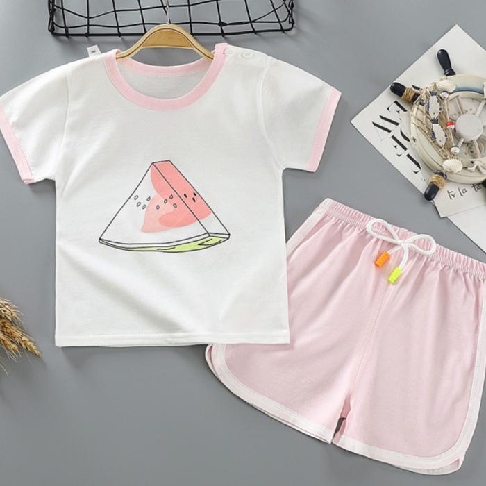 Children's Short Sleeve Suit Korean Style Printing Boys and Girls' T-shirt and Shorts Two Piece Set