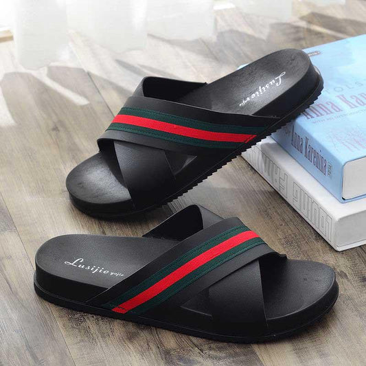 Size40-45 Summer Men Sandals Comfortable Non-slip PU Leather Beach Slippers Casual Outdoor Slippers Cross Alphabet Drag Flip Flops