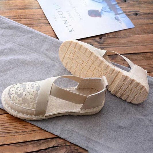 Ladies Casual Flat Loafers Ladies Knitted Embroidery Hollow Casual Sandals Flat Soft Leather Toe Cap Sandals Comfortable and Lightweight