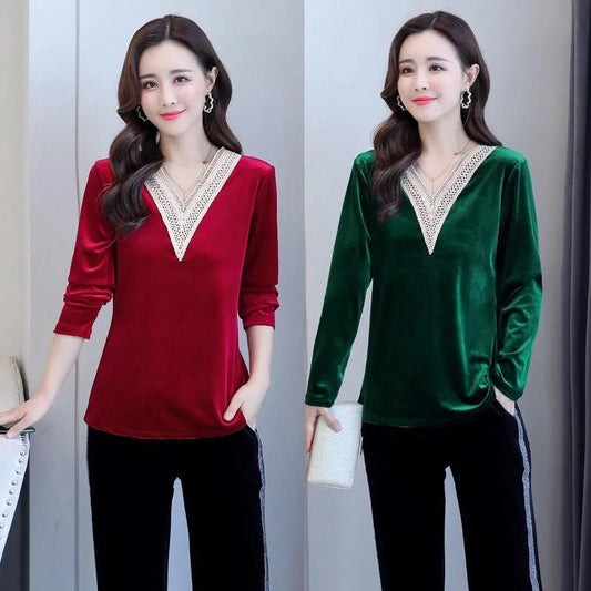 Women Sexy V-neck Golden velvet Office Blouse Elegant Long Sleeve Wild Basic Shirts Vintage Casual Ladies Top Spring Fall Pullover