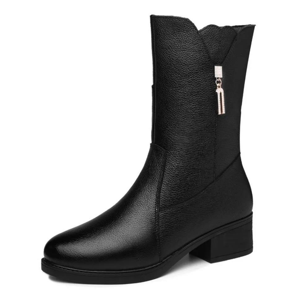 Autumn and Winter Plus Velvet Warm Soft Leather Mid-tube Martin Boots Mid-heel Cotton Boots