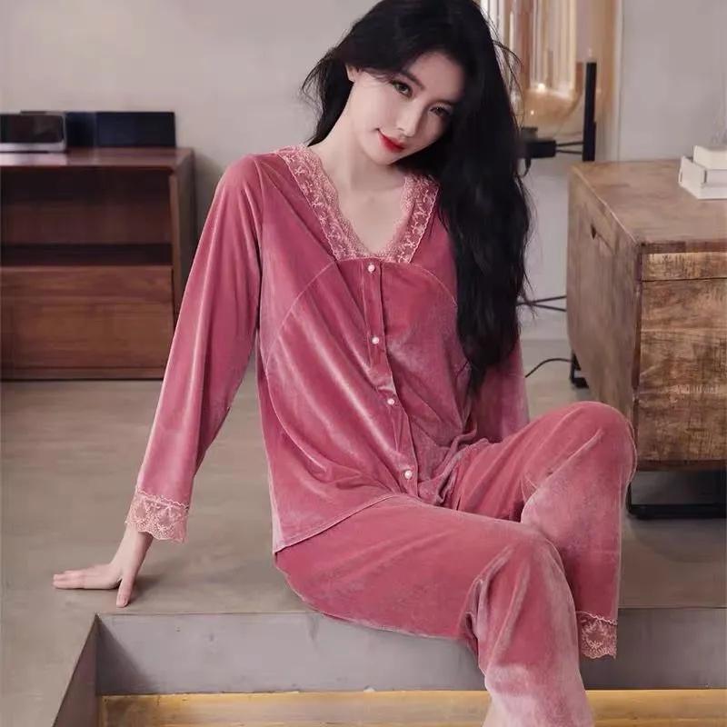 Women's Gold Velvet Pajamas Set Spring Autumn Sexy Lace Pyjamas Suit Out Wear Loose Comfortable Solid Color Thin Velvet Homewear Winter Sleeping Suit