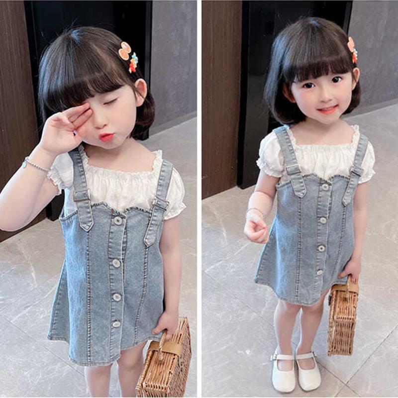 2PCS Children Clothing Set Spring Korean Style Summer Girls Suits Printing Short Sleeve Ruffle Tops + Braces Skirt Clothing Set