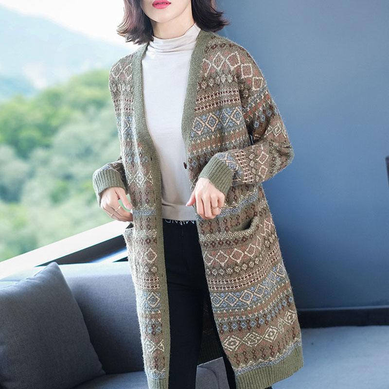 Autumn and Winter Mid-length Wool Top Loose Mid-length Thick Sweater Retro Jacquard Middle-aged Ladies Coat