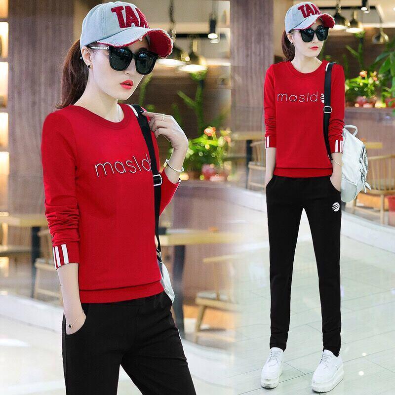 Spring and Autumn Women 2pcs set Wild Long Sleeve Casual Sweatshirt Set Large Size