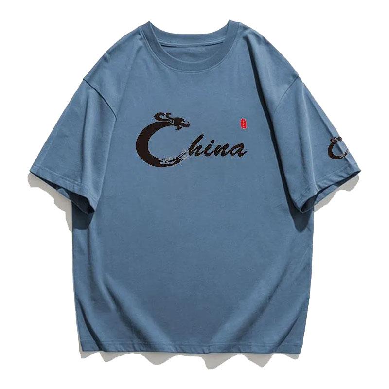 Summer T-shirt China Alphabet Print Tees O-neck Short Sleeve Thin Shirt Chinese Style Casual Loose Pullover Men Clothing