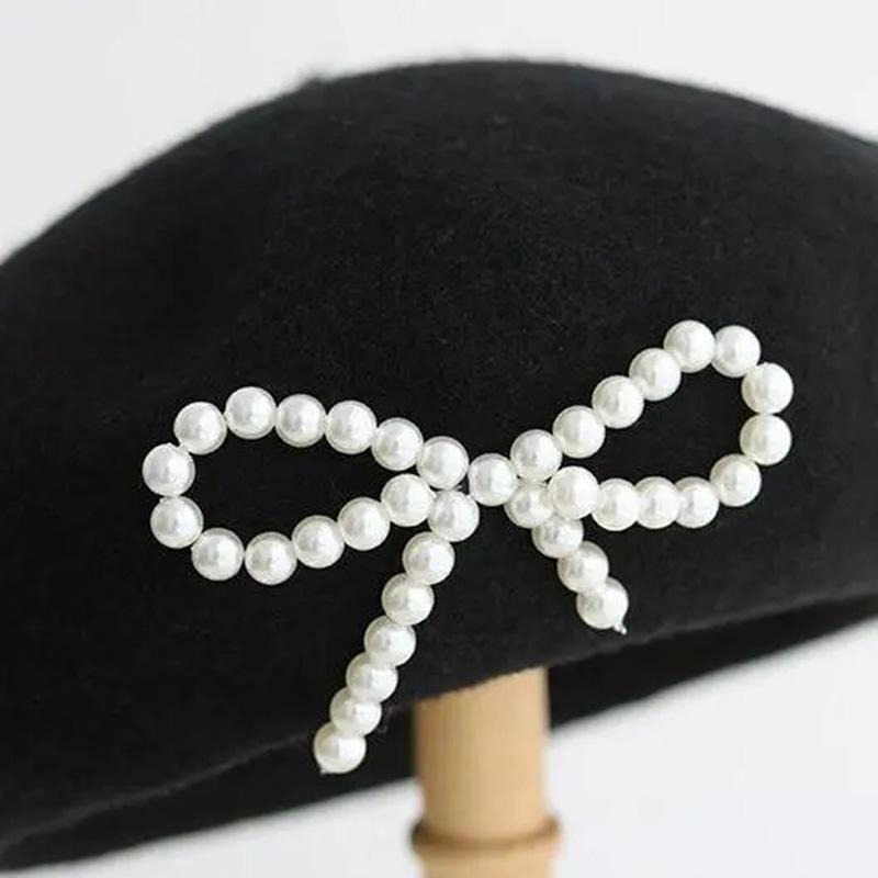 Retro Pearl Bow Beret Hat Women's Spring Autumn Retro Wool Blend Painter Hat All-match Elegant Black Hat