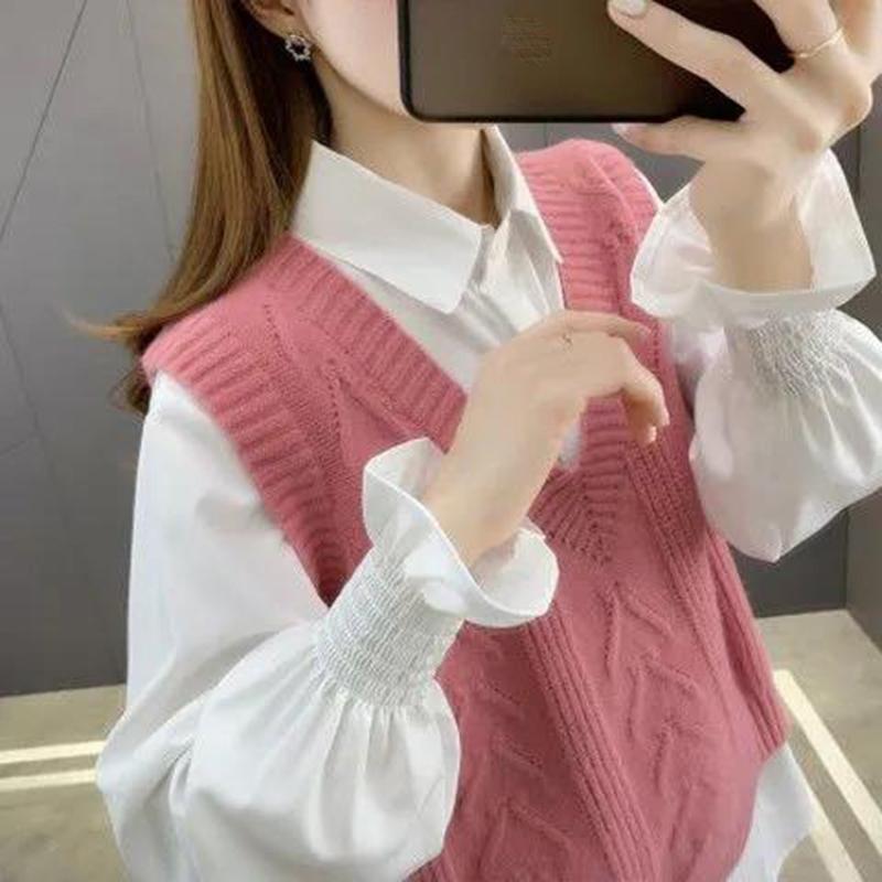 Sweater Women's Vest Vest V-neck Pullover Sweater Loose and Versatile Sleeveless Thin Solid Color Sweater Top Fabric Comfortable