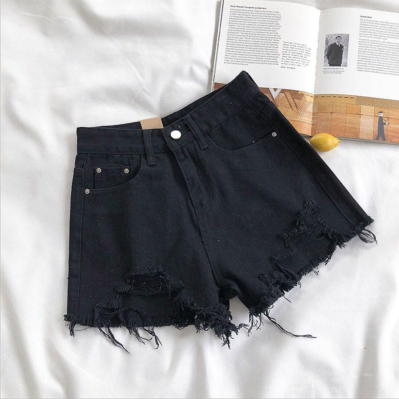 Light-colored Denim Shorts Women's High Waist Summer New Style Korean Loose Loose Holes and Raw Edges Are Thin