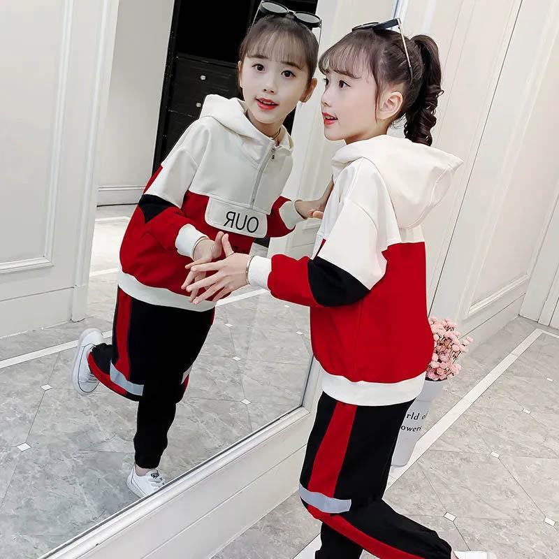 Comfortable Skin-friendly Girls' Spring and Autumn Suits Loose Long-sleeved Color-block Print Pullover Sweater Casual Trousers Children Two-piece Set