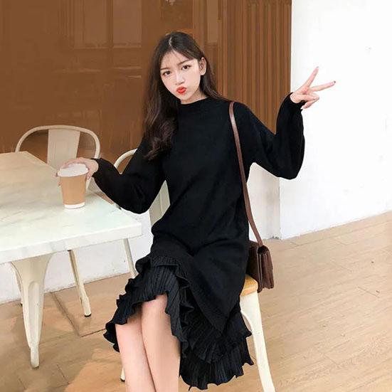 Women's Solid Color Mid-length Wool Dress Autumn and Winter Pullover Loose Over-knee Knit Bottomed Thickened Dress