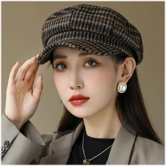 Women's Vintage Plaid Beret All-match Winter Octagonal Hat Ladies Round Face Spring Autumn Warm Korean Retro Top Hat Woolen Striped Painter Hat