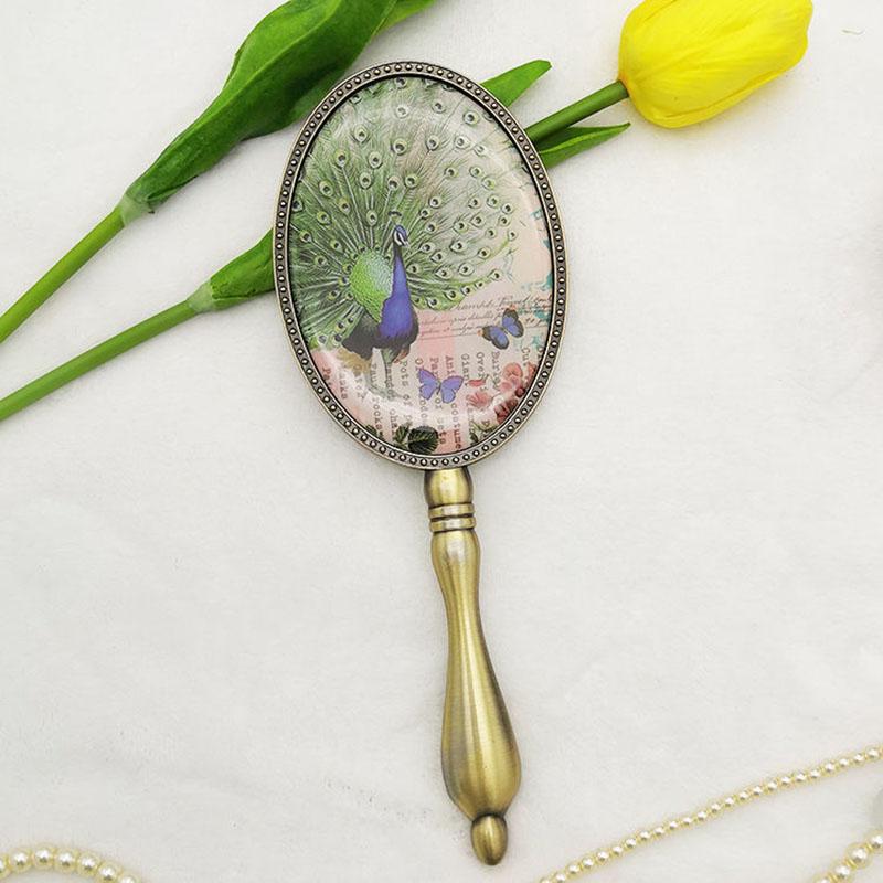 European Style Women Exquisite Oval Mirror Retro Bronze Makeup Mirror with Metal Handle Portable Hand-held Small Mirror