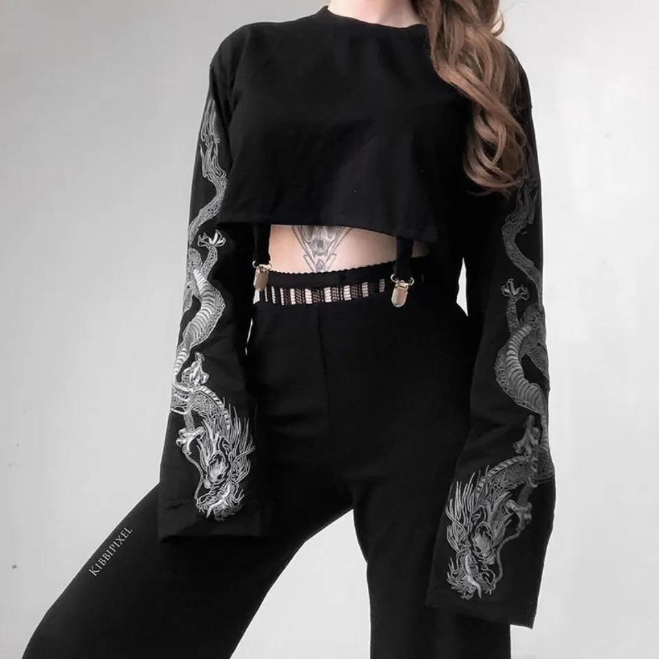 Women's Gothic Black Crop Top Hoodie Women Sweatshirt Gothic Punk Grunge Dragon Printed Harajuku Loose Sweatshirt Pullover Female Top