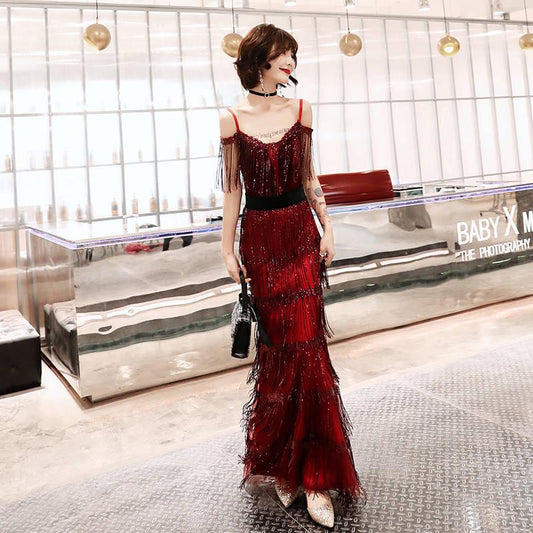 Women Vintage Dress Sequin Dresses Floor length Lace Party  Fishtail Dress Formal Cocktail Prom