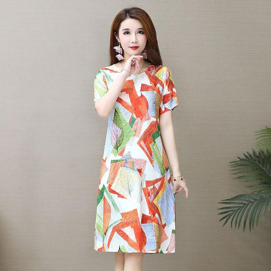 Summer Casual Dress Women's O-neck Short-sleeved Floral Print Mid-length Loose Dress Fabric Light and Breathable Women's Casual Plus Size Dress