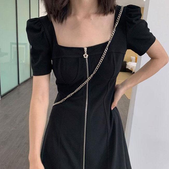 Female Summer Elegant Mini Black Club Dress Vintage Slim Puff Sleeve Short Holiday Dress Graceful Party Dress