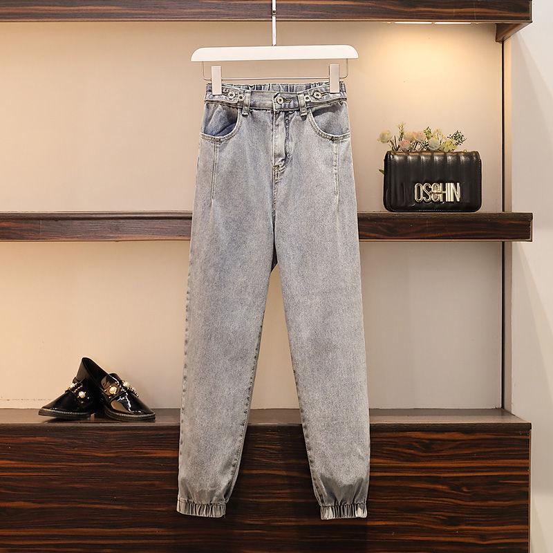 Spring Women Half-sleeve Asymmetrical Blouse Denim Jeans  Plus Size Pants Set