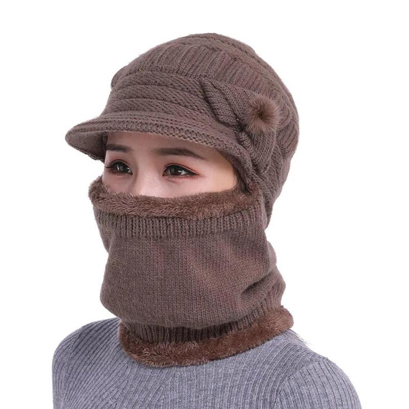 Women's Winter One-piece Hat Cycling Windproof Warm Hat Bib Integrated Plus Velvet Thick Knitted Woolen Hat