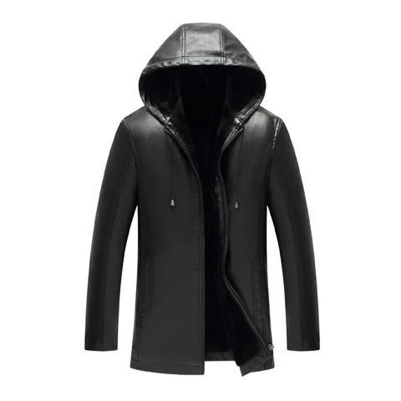 Pure Color Men's Casual Leather Jacket Plus Velvet Thick Leather Jacket Hooded Leather Jacket Men