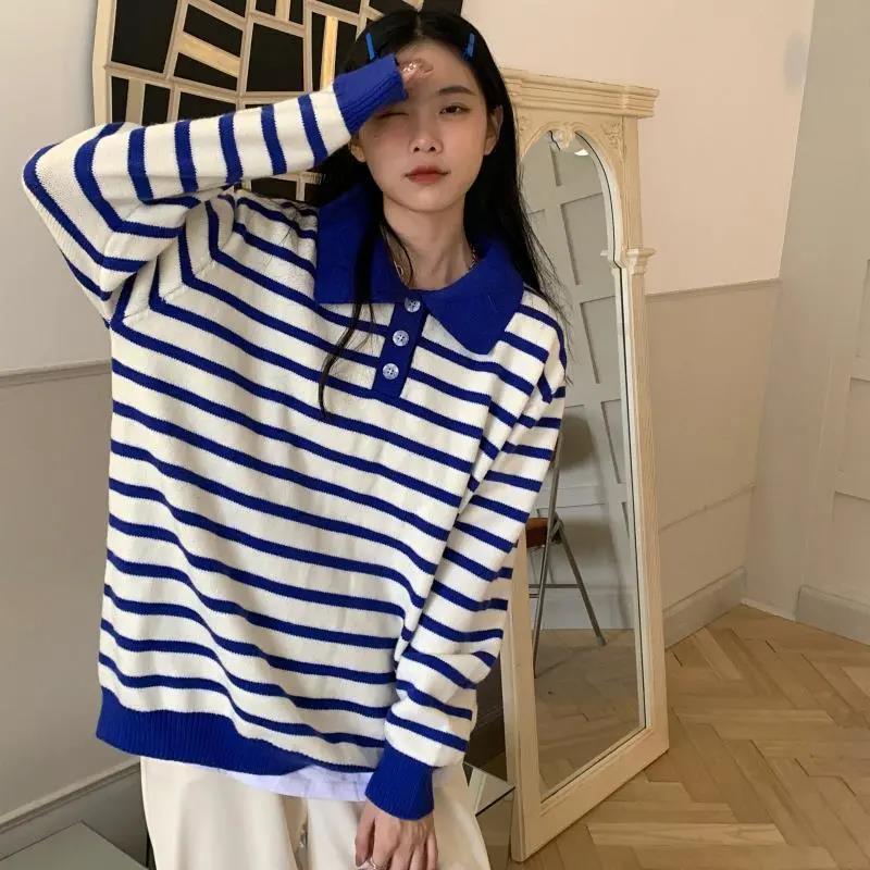 College Style Polo Collar Striped Sweater Female Student Autumn and Winter Casual Loose and Lazy Pullover Sweater Top Outer Wear