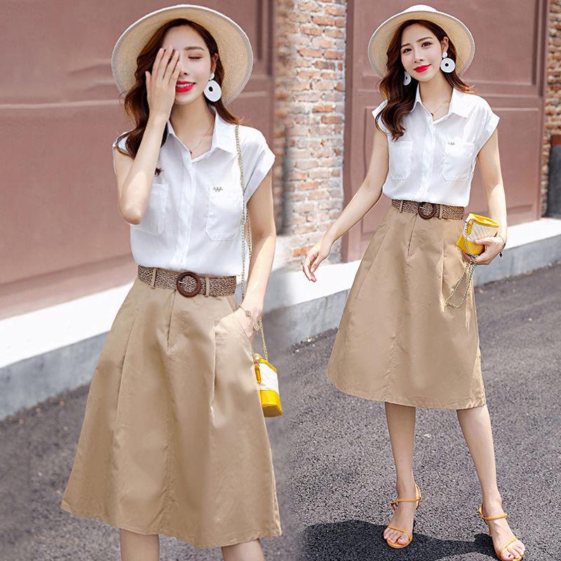 2PC Suit Stand-up Collar Short-sleeved Shirt+ Chiffon Dress Women's Summer French Retro Skirt Fabric Light and Breathable