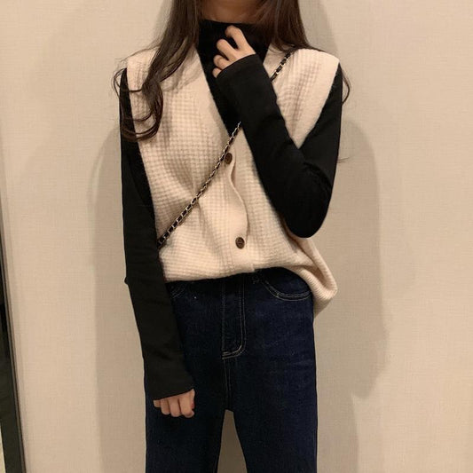 Vest Women's Outer Wear Korean Knit Bottoming Shirt Short Solid Color Button Top V-neck Loose Vest Autumn