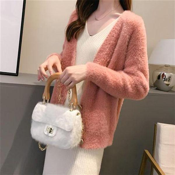 Autumn and Winter Casual Mohair Top Loose V-neck Knitted Sweater Cardigan Button Female Jacket