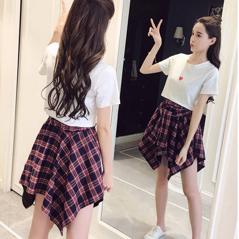 Spring and Summer Fashion Solid Color Suit Skirt Women's Short-sleeved T-shirt High Waist Irregular Plaid Skirt Two Pieces