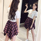 Women Summer Casual Suit Skirt Female Vintage Short Sleeve T-shirt Two High Waist Irregular Lattice Skirt Set