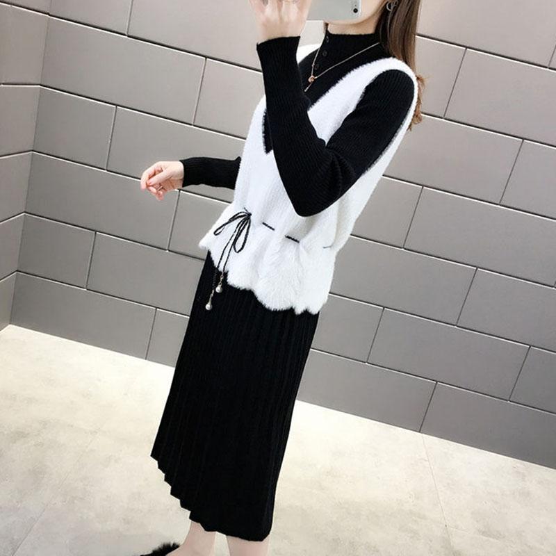 Women's Sweater Dress Set Autumn Waist Knit Mohair Vest and High Neck Slim Sweater Dress Two-piece Suit Ladies Outfits