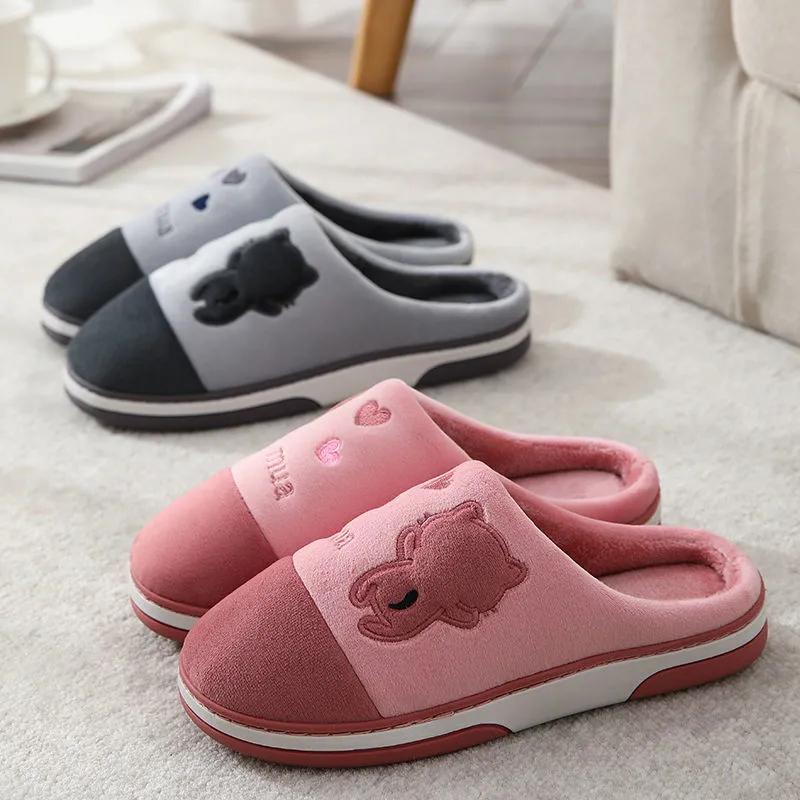 Cotton Slippers for Women Pink Cute Bear Heart Embroidery Home Slippers Thick Fleece Warm Shoes Mens Plus Size Slippers Home Non Slip Blue Black Gray