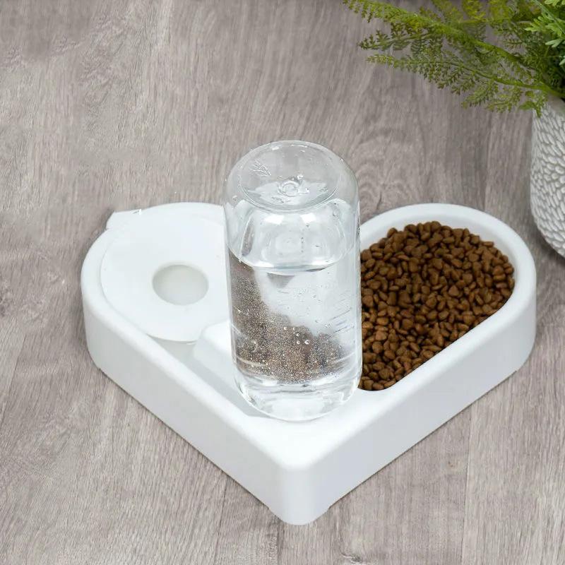 Cat Bowl Double Use Bowl Pet Automatic Water Dispenser Heart Shape Drinking Bowl Anti-slip Automatic Water Drinking Food Feeding Bowl