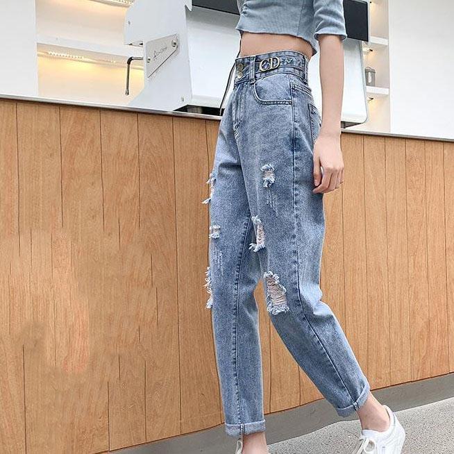 Women Spring Summer Cropped Pants Loose Vintage High Waist Straight Streetwear Denim Ripped Jeans