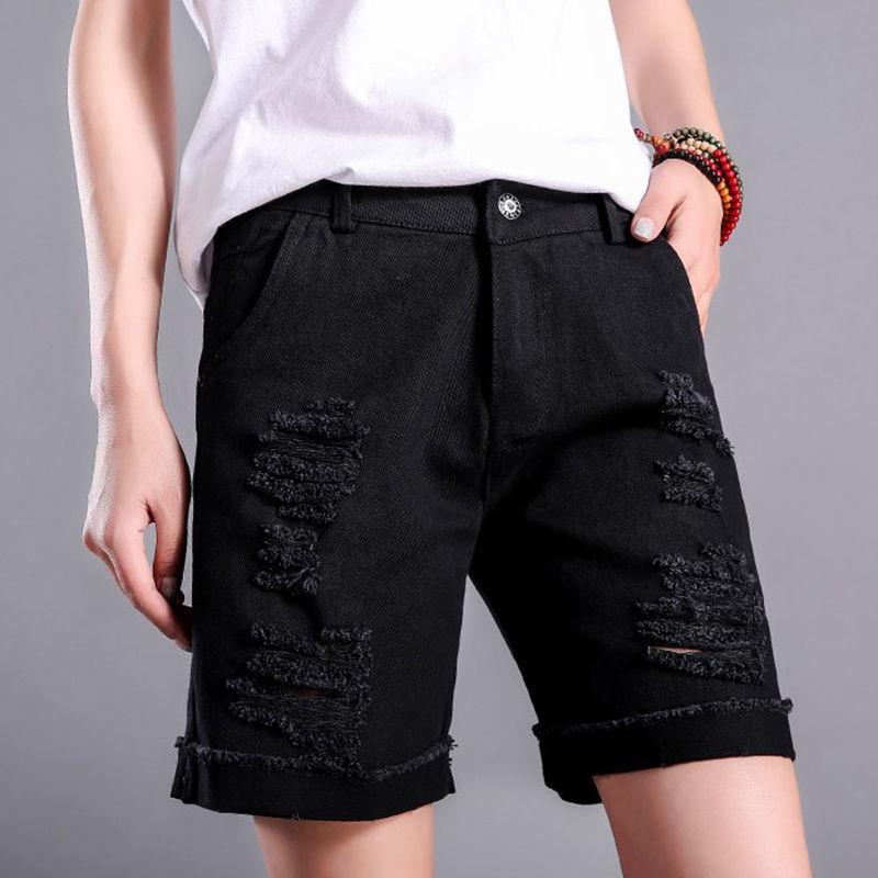 WTEMPO White Denim Shorts Women's Five-point Pants High Waist Straight Summer Loose Loose Hole Pants