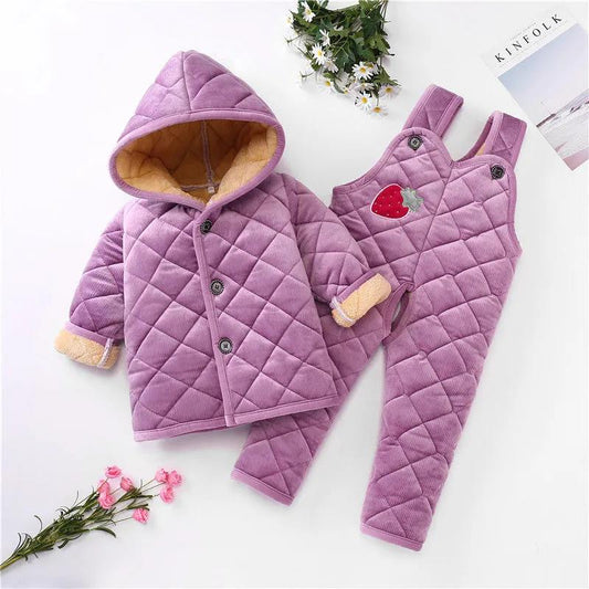 Winter Children's Pajamas Bib Set Three-layer Quilted Thickening Men's and Women's Treasure Coral Fleece Warm Home Service Cotton Suit