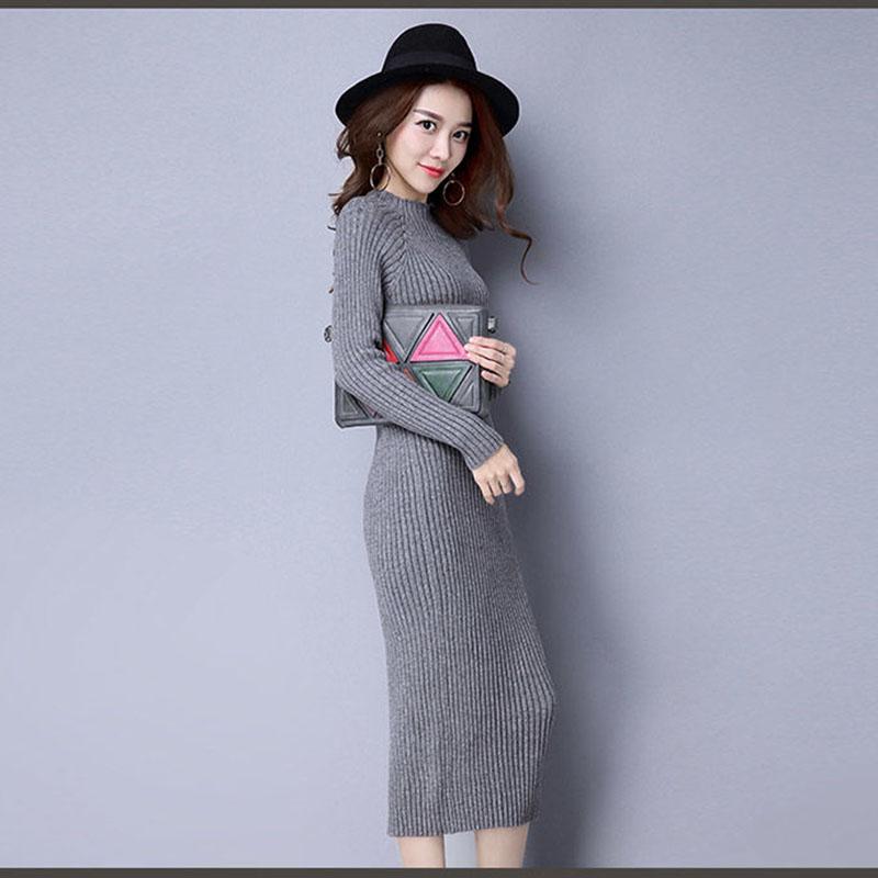 Elegant Women Midi Dress Long Sleeve Stretch Dresses Winter Ribbed Knitted Robe Office Ladies