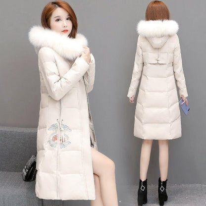 Winter Chinese Style Embroidered Down Women's Mid-length Temperament Is Thin and Slim, Large Fur Collar Hooded Padded Jacket