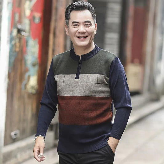 Men's Autumn and Winter Sweater Half-height Zipper Collar Plus Velvet Warm Bottoming Shirt Suitable for Middle-aged and Elderly People